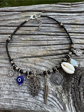 Bohemian Shell & Charm Anklet - Black Seed Bead Queen Elizabeth Hamsa Evil Eye